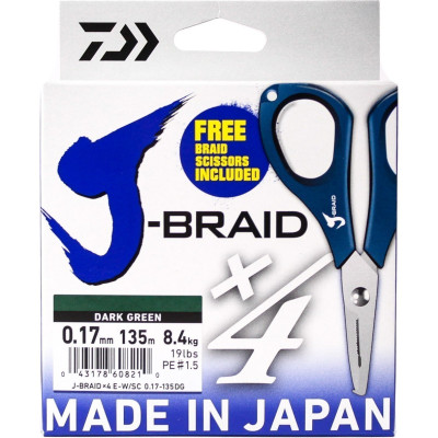 Шнур DAIWA J-Braid X4E-W/SC 0,17мм 135м dark green + ножницы